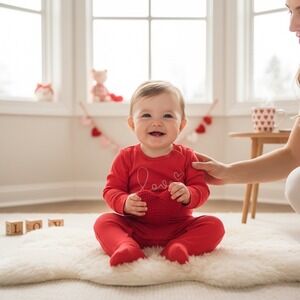 NWT Bamboo Red Love Heart Embroidered Baby Romper Sleeper Sleeve Valentine